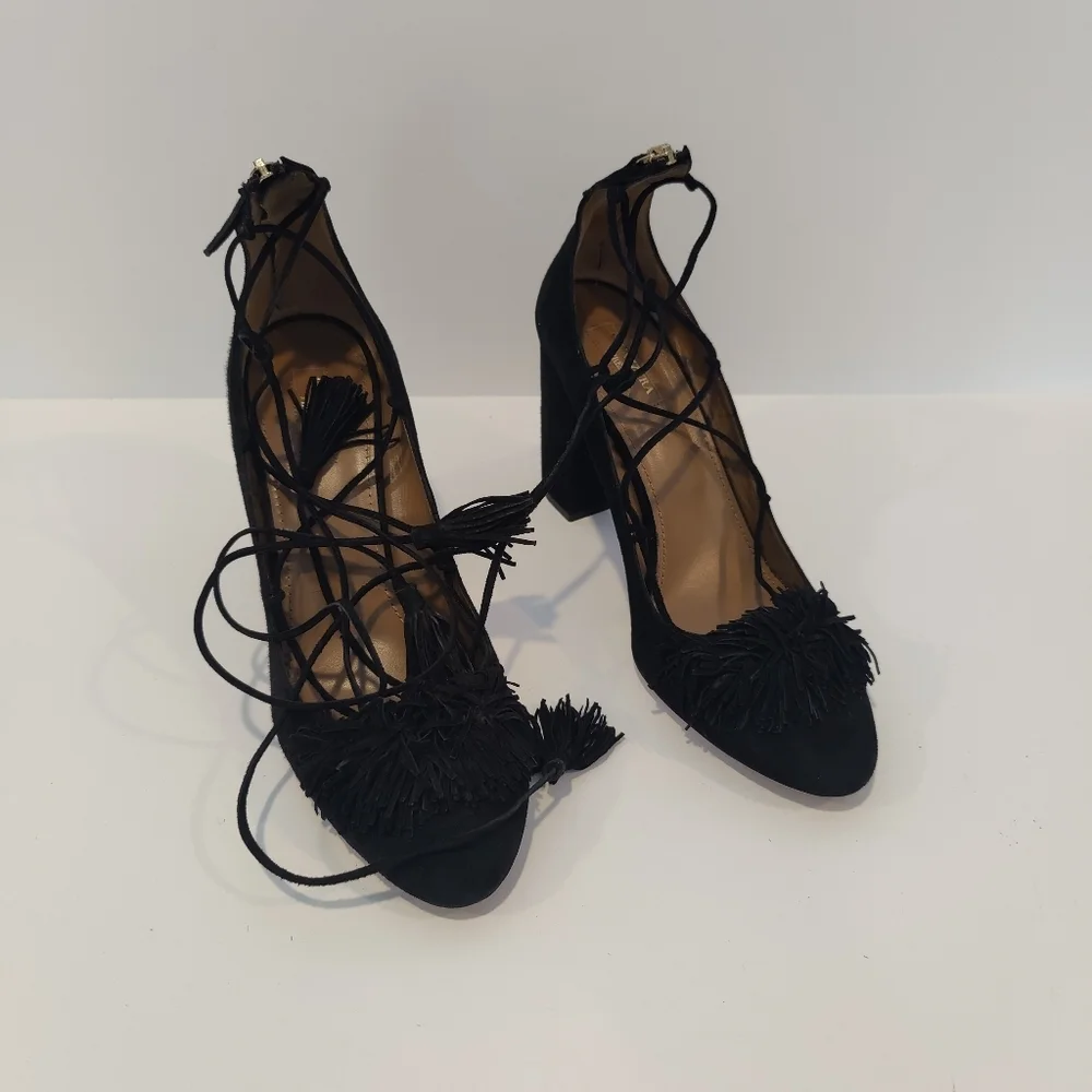 Aquazzura Black Suede Tassel Accents Pumps